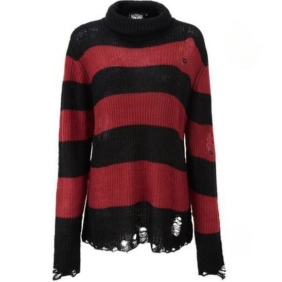 Killstar Seven Knit Sweater | Blood Red Distressed Raw Hem Extra Long Striped - Picture 4 of 8